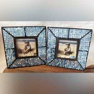Lot 2 Blue Beaded Picture Photo Frames Sea Glass Look 6x6 Square Frame